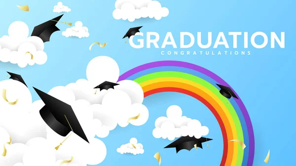 Graduation Graduation Cap Cloud Rainbow Gratulacje Powodu Niebieskiego Tła Ilustracja — Wektor stockowy