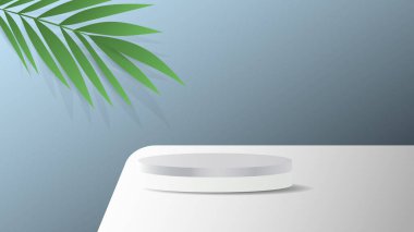 Mavi arka planda Sevgililer Günü 'nde yapraklı palmiye ağaçları olan beyaz podyum, Düz Modern tasarım, illüstrasyon Vektörü EPS 10