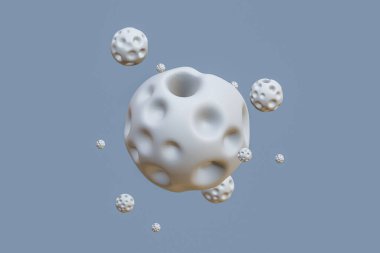 Gri bölgeyi çevreleyen birkaç göktaşı, 3D rendelenmiş düz dizayn, mavi arkaplanda izole edilmiş, kırpma yolu, çizim 3D