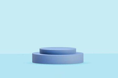Mavi podyum sunumu, mavi arkaplanda izole edilmiş, illüstrasyon 3B görüntüleme