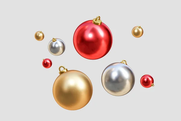 Rood Goud Zilver Kerstboom Decoratie Ballen Zweven Een Achtergrond Renderen — Stockfoto