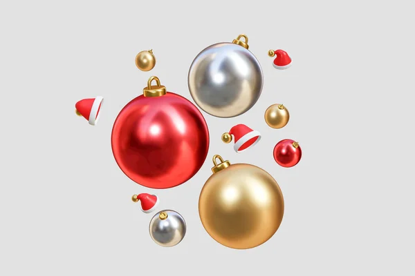 Rood Goud Zilver Kerstboom Decoratie Ballen Zweven Met Kerst Hoed — Stockfoto