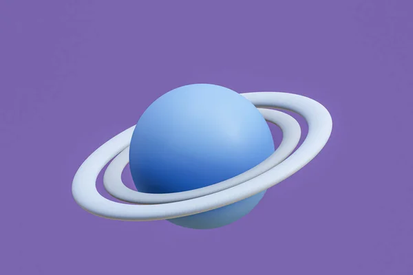 Planet Saturn with ring around is blue color , 3D render flat design  , isolated on purple background ,with clipping path, illustration 3D Rendering