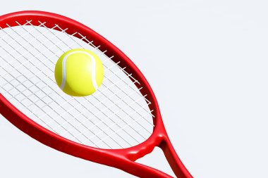 Tenis turnuvası için tenis raketini ve topunu kapatın. Beyaz arka planda izole edilmiş, kırpma yolu, illüstrasyon 3B