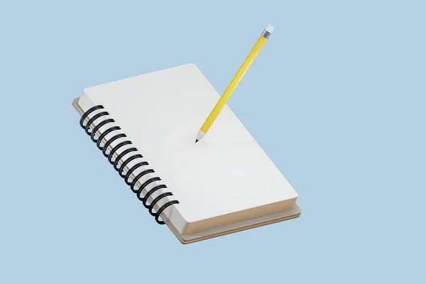 Notebook and yellow pencil taking notes 3d render , isolated on blue background , illustration 3D Rendering