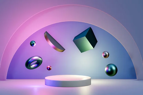 Ürün gösterimi için yarım daire şeklinde geometrik şekilleri olan soyut arkaplan altın ve beyaz podyum, pembe ve mavi arkaplan üzerinde izole edilmiş, illüstrasyon 3D
