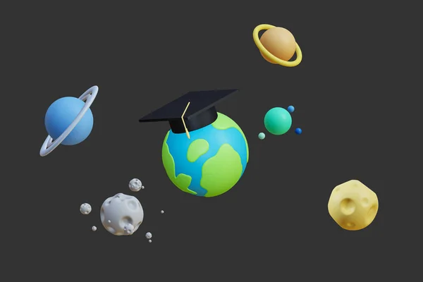 Graduation Cap Globe Stars Solar System Isolated Black Background Illustration — ストック写真