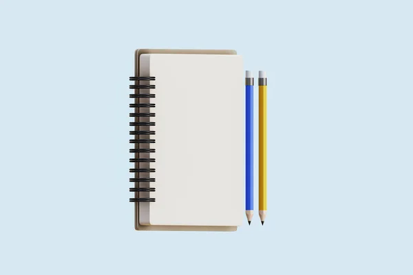 Notebook Blue Pencil Yellow Pencil Rider Isolated Blue Background Illustration — Stock Photo, Image