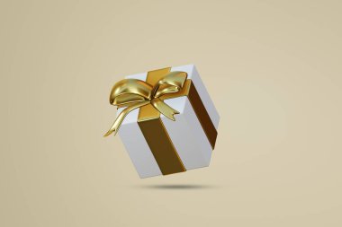 Beyaz hediye kutusu altın kurdele ile bağlanmış 3D fiyonk, bej rengi arka planda izole edilmiş, illüstrasyon 3D