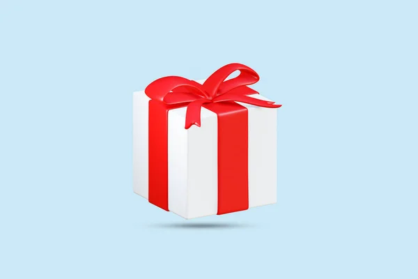 White Gift Box Tied Red Ribbon Bow Render Isolated Blue — ストック写真