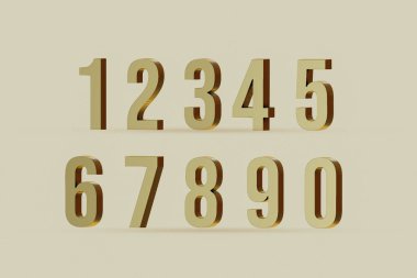 1 'den 10' a kadar numaralandırılmış altın 3d, bej rengi arka planda izole edilmiş, resim 3D