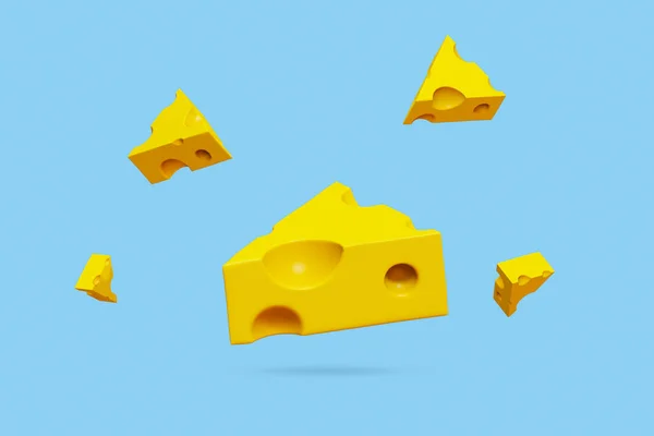 Yellow Triangle Cheese 3d render , isolated on blue color background , illustration 3D Rendering
