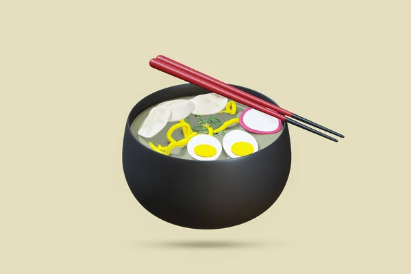 Udon Beef One Boiled Egg Red Chopsticks Render Isolated Beige — ストック写真