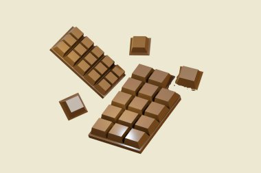 Çikolata 3D renkte, bej arkaplanda izole edilmiş, resim 3D