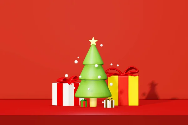 ゴルフとクリスマスツリー 赤の背景に独立した表彰台 イラスト3Dレンダリング — ストック写真