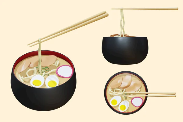 上部表示牛とゆで卵と箸でうどん3Dレンダリング ベージュ色の背景に孤立 イラスト3Dレンダリング — ストック写真
