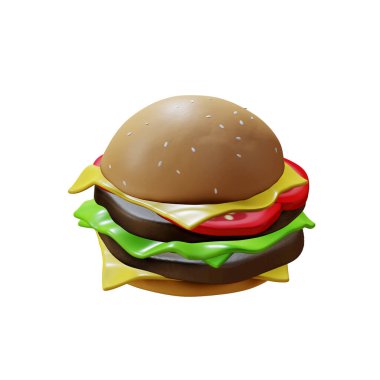 Hamburger reklamları için büyük hamburger 3D görüntüleme, kırpma yolu, beyaz arka planda izole edilmiş, 3D resimleme