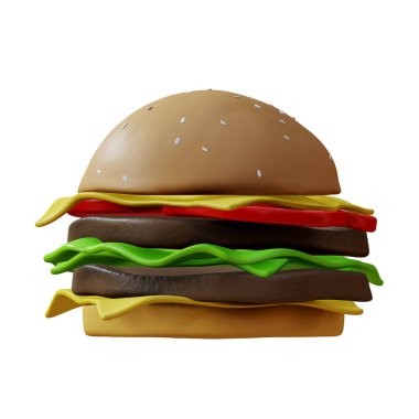 Hamburger reklamları için büyük hamburger 3D görüntüleme, kırpma yolu, beyaz arka planda izole edilmiş, 3D resimleme
