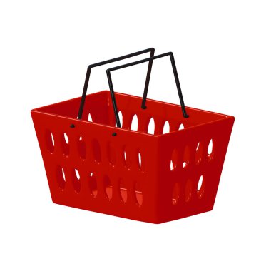 Süpermarketlerde eşya depolamak için kırmızı plastik sepetler, beyaz arkaplanda izole edilmiş, 3B resimleme