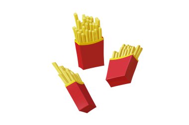 Patates kızartması, kırmızı zarftaki çipler 3 boyutlu kırpma yolu, beyaz arka planda izole edilmiş, 3 boyutlu resimleme