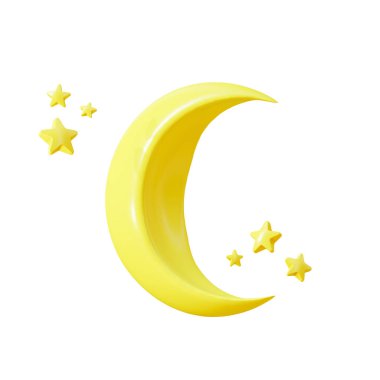 Yıldız 3D çizim, kırpma yolu olan yarım ay, beyaz arkaplanda izole edilmiş, 3B resimleme