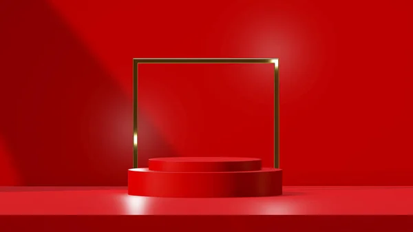 Double red podium and gold square frame red background for presentation , abstract 3d background , 3D Rendering illustration
