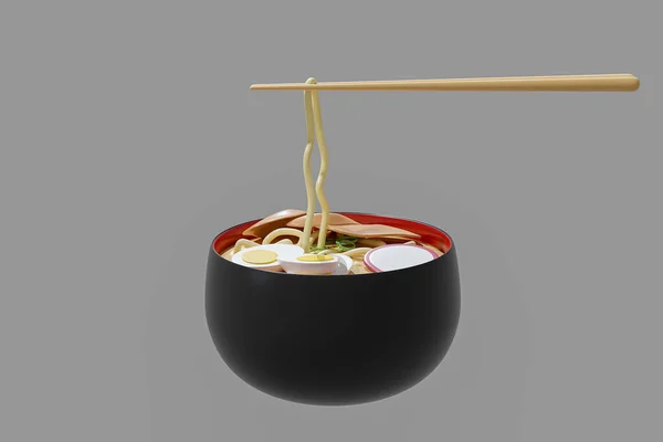 Udon Beef One Boiled Egg Chopsticks Render Isolated Gray Color — Photo