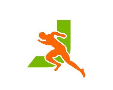 J harfi logosu üzerinde Sport Running Man Front View. Maraton, şablon, koşu kulübü ya da spor kulübü logosu için Koşan Adam Logosu Şablonu