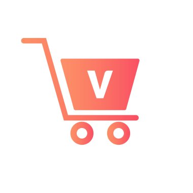 V harfi üzerinde Trolley Alışveriş Arabası İlk Çevrimiçi ve Alışveriş Logosu Şablonu