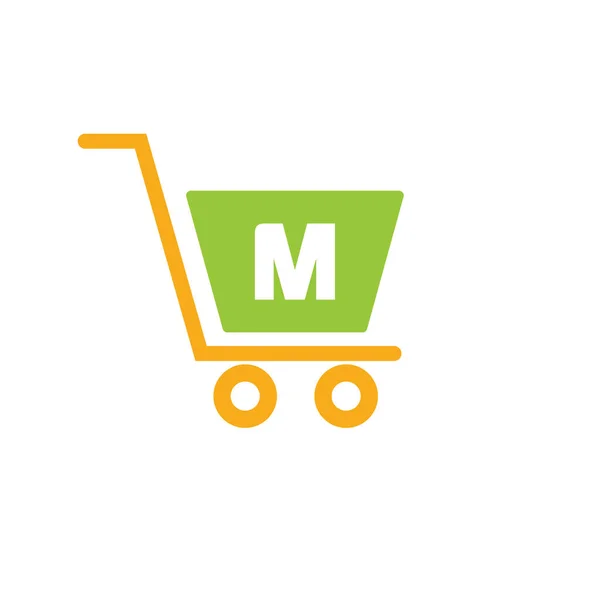 手紙Mのトロリーショッピングカート イニシャルオンラインショッピングロゴコンセプトテンプレート — ストックベクタ