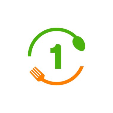 Kaşık ve Çatal Kavrama Şablonu 'nda Restoran Logosu Tasarımı. Mutfak aletleri, Gıda Simgesi. Yemek Logosu, mangal işareti, ızgara çatalı ve 1 Harf Vektörü