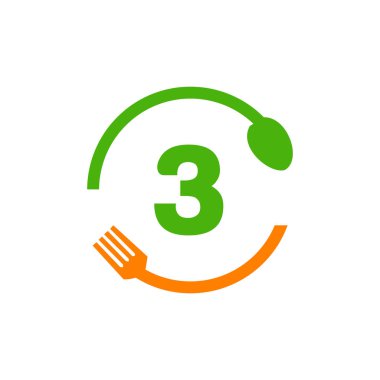 Restoran logosu 3. harfin üzerinde kaşık ve çatal konsept şablonu var. Mutfak aletleri, Gıda Simgesi. Yemek Logosu, mangal işareti, 3 harfli ızgara çatalı.