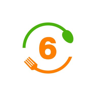 Restoran Logosu 6. Mektup 'ta kaşık ve çatal konsept şablonuyla tasarlandı. Mutfak aletleri, Gıda Simgesi. Yemek Logosu, mangal işareti, 6 harfli ızgara çatalı.