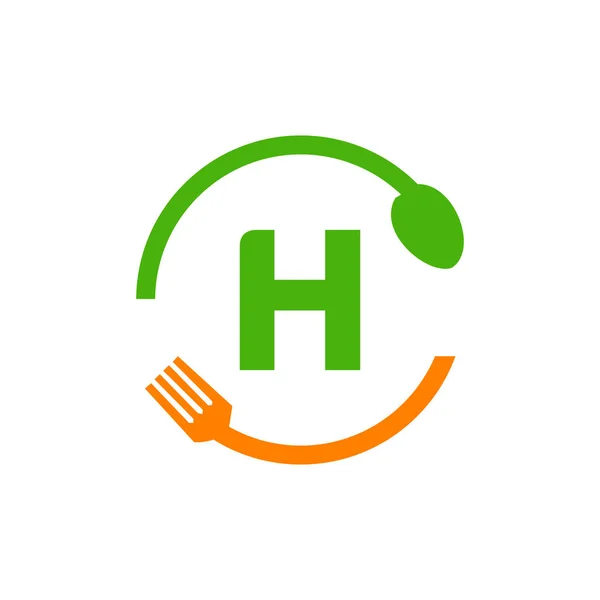 带有勺子和叉子概念模板的字母H餐厅标志设计 厨房工具 食品图标 用H字母向量烹调标志 Bbq符号 烤叉子 — 图库矢量图片