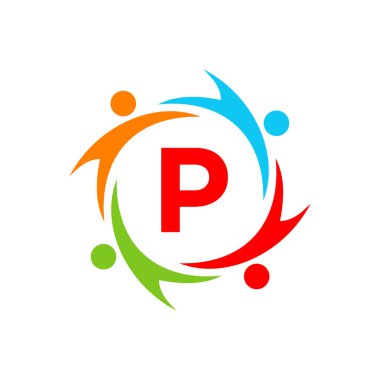P harfi üzerindeki Charity Logo Şablonu, İlk Birlik Vakfı İnsan Logosu İşareti. Birlik Ekibi Çalışma Logosu Şablonu ve P Harfi Tasarımı