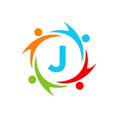J harfi üzerindeki Charity Logo Şablonu, İlk Birlik Vakfı İnsan Logosu İşareti. J Harfi Şablonu ile Birlik Ekibi Çalışma Logosu Tasarımı