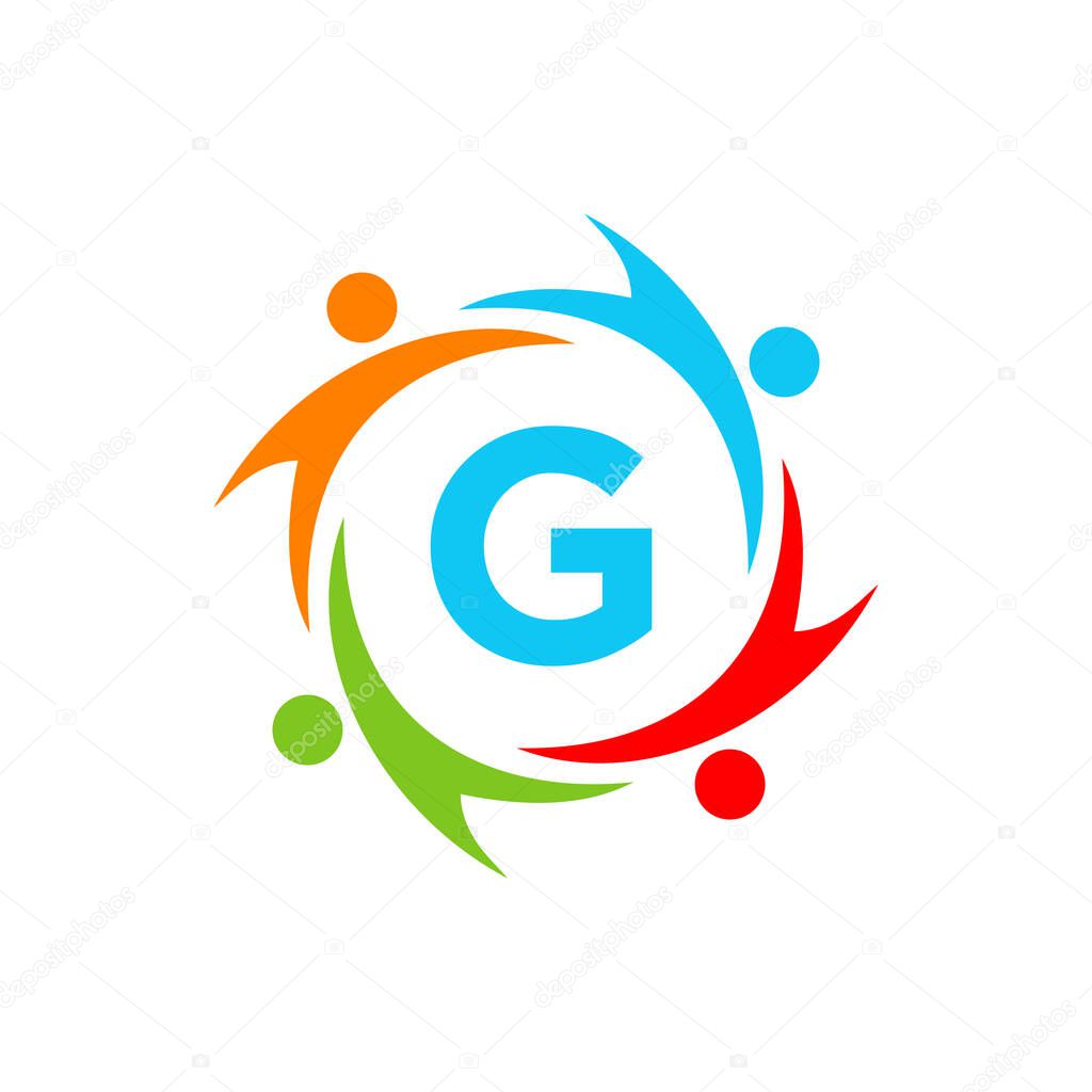 Charity Logo Template On Letter G, Initial Unity Foundation Human Logo Sign. Unity Team Work Logo Design With G Letter Template