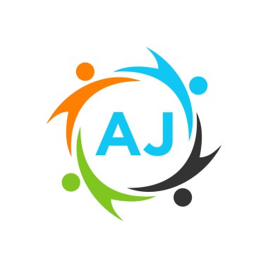 Harf AJ 'deki Charity Logo Şablonu, İlk Birlik Vakfı İnsan Logosu İşareti. AJ Harf Şablonu ile Birlik Ekibi Çalışma Logosu Tasarımı