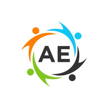 AE harfinin üzerindeki hayırseverlik logosu şablonu, İlk Birlik Vakfı İnsan Logosu İşareti. AE Harf Şablonu ile Birlik Ekibi Çalışma Logosu Tasarımı