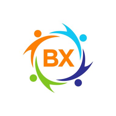 BX mektubundaki Charity Logo Şablonu, İlk Birlik Vakfı İnsan Logosu İşareti. BX Harf Şablonu ile Birlik Ekibi Çalışma Logosu Tasarımı