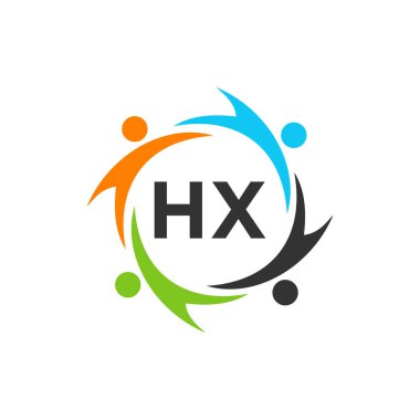 Harf HX 'teki Charity Logo Şablonu, İlk Birlik Vakfı İnsan Logosu İşareti. HX Harf Şablonu ile Birlik Ekibi Çalışma Logosu Tasarımı