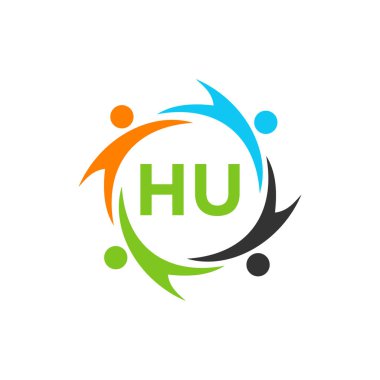 Harf HU 'nun Yardım Logosu Şablonu, İlk Birlik Vakfı İnsan Logosu İşareti. HU Harf Şablonu ile Birlik Ekibi Çalışma Logosu Tasarımı
