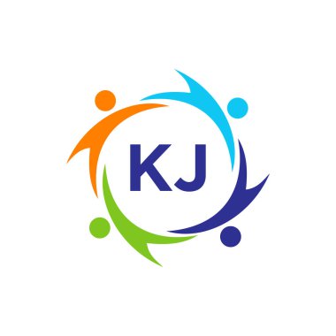 KJ harfi üzerindeki Charity Logo Şablonu, İlk Birlik Vakfı İnsan Logosu İşareti. KJ Harf Şablonu ile Birlik Ekibi Çalışma Logosu Tasarımı