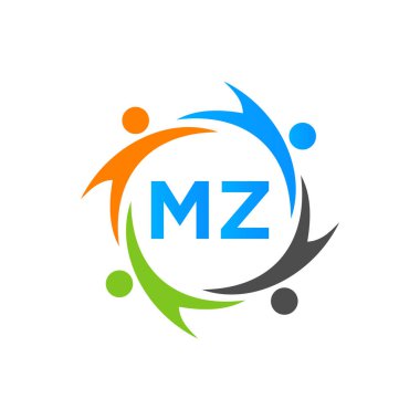 MZ harfi üzerindeki hayırseverlik logosu şablonu, İlk Birlik Vakfı İnsan Logosu İşareti. MZ Harf Şablonu ile Birlik Ekibi Çalışma Logosu Tasarımı