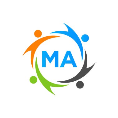 MA harfi üzerindeki yardım logosu şablonu, İlk Birlik Vakfı İnsan Logosu İşareti. MA Harf Şablonu ile Birlik Ekibi Çalışma Logosu Tasarımı