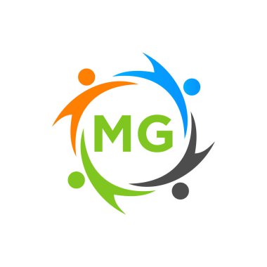 Harf MG 'deki Charity Logo Şablonu, İlk Birlik Vakfı İnsan Logosu İşareti. MG Harf Şablonu ile Birlik Ekibi Çalışma Logosu Tasarımı