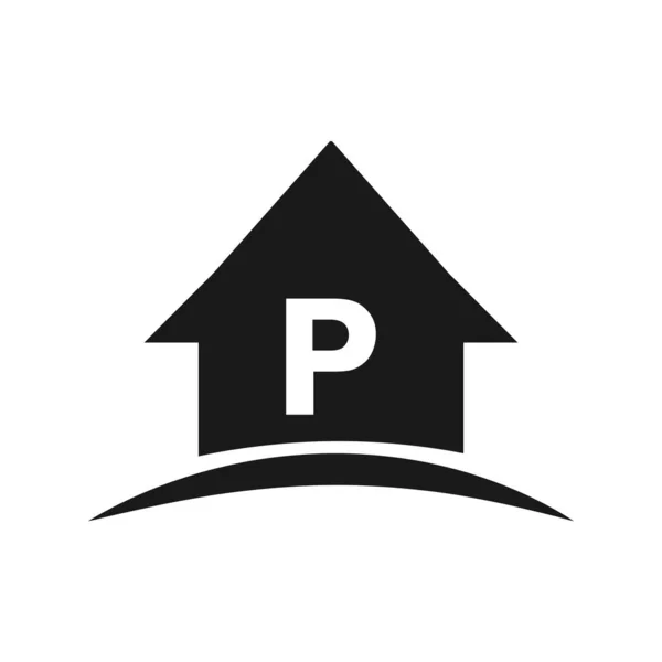 手紙P不動産ロゴテンプレート 手紙Pデザインのホームロゴ 初期不動産 開発コンセプト — ストックベクタ