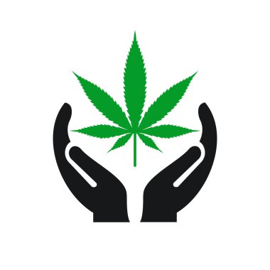 El marihuana logosu tasarımı. El konsepti vektörlü marihuana logosu. El ve Marihuana logosu tasarımı
