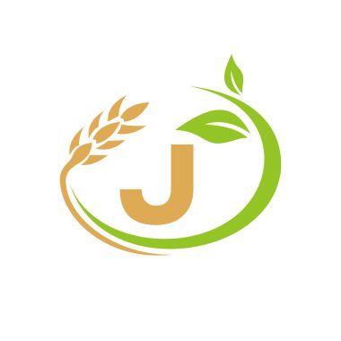 J harfi üzerinde tarım logosu. Tarım ve tarım logosu tasarımı. J harfi Şablonu ile tarım, eko-tarım ve kırsal ülke tasarımı