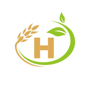 H harfi üzerinde tarım logosu. Tarım ve tarım logosu tasarımı. H harfi şablonlu tarım, eko-tarım ve kırsal ülke tasarımı